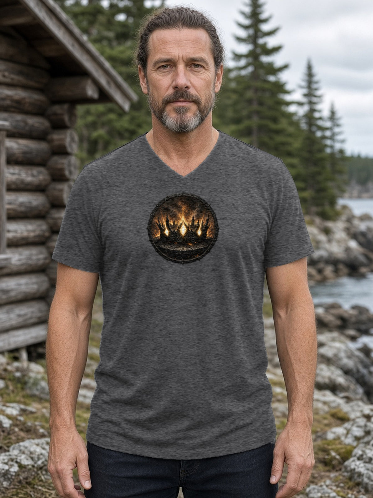 Crown of the Ember Throne V-Neck Tee (Poly Blend) - Heather Charcoal