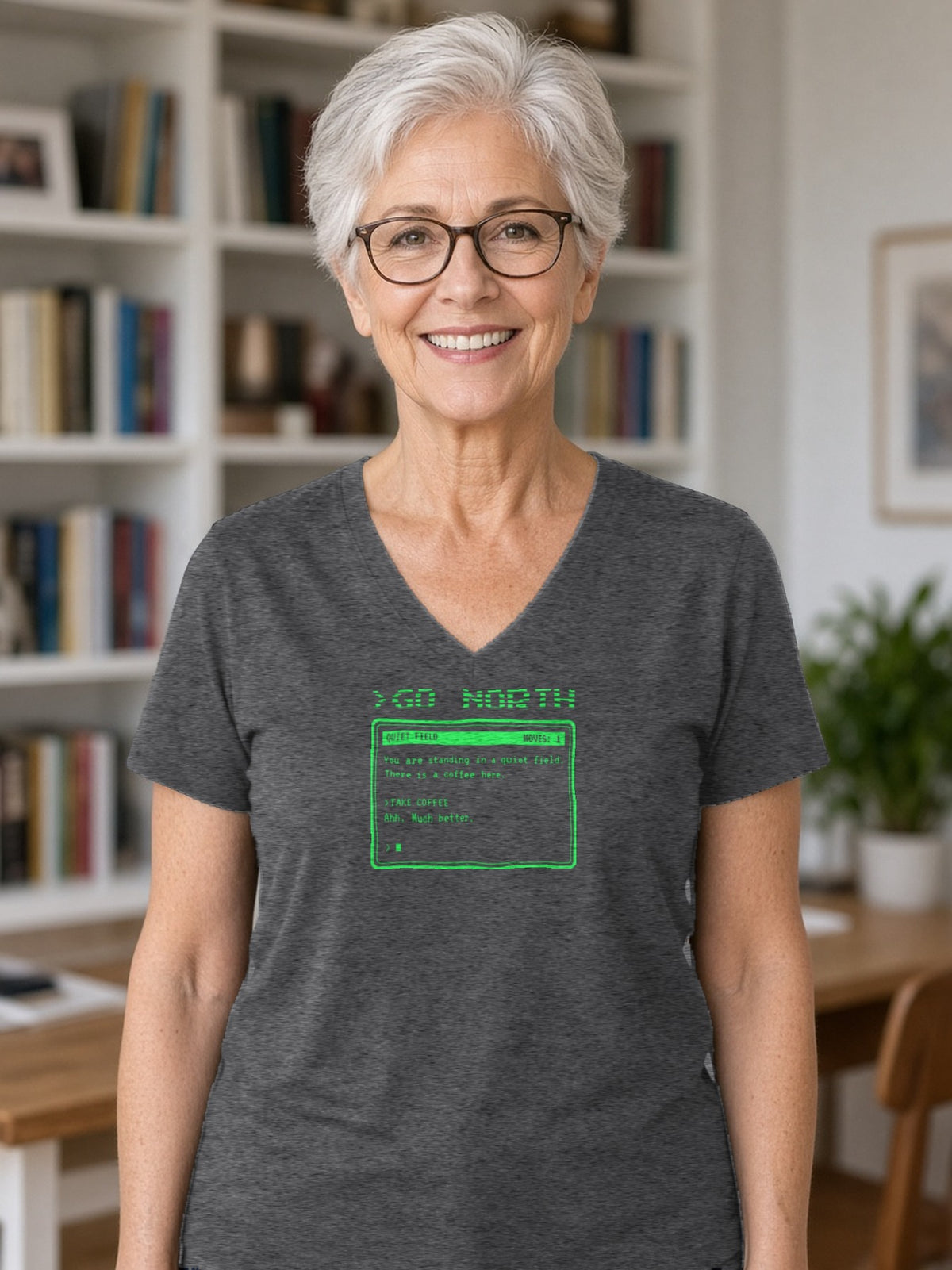 >GO NORTH Retro Text Adventure V-Neck Tee (Poly Blend) - Heather Charcoal