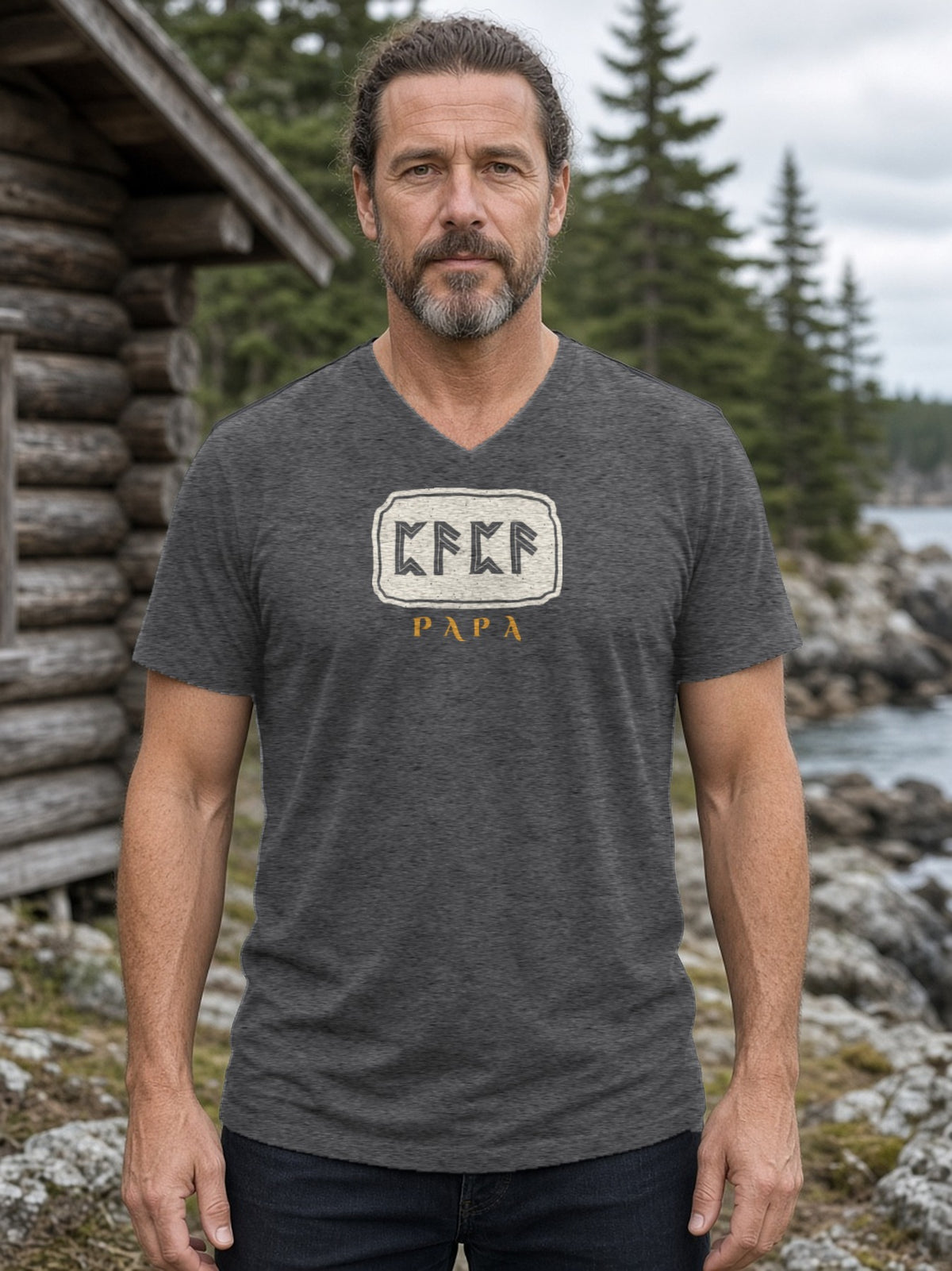 PAPA in Runes Carved Stone V-Neck Tee (Poly Blend) - Heather Charcoal