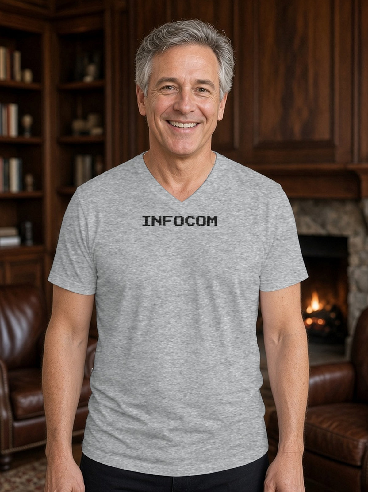 Infocom Babel Fish Retro V-Neck Tee (Poly Blend) - Heather Grey