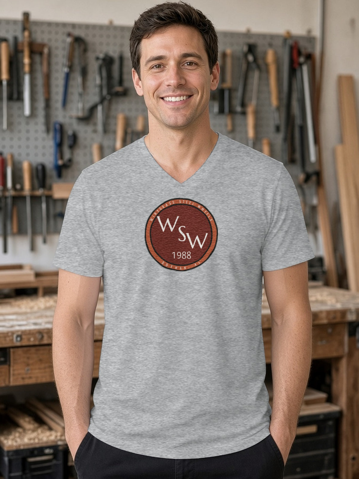 Wiregrass Steel Wheels V-Neck Tee (Poly Blend) - Heather Grey