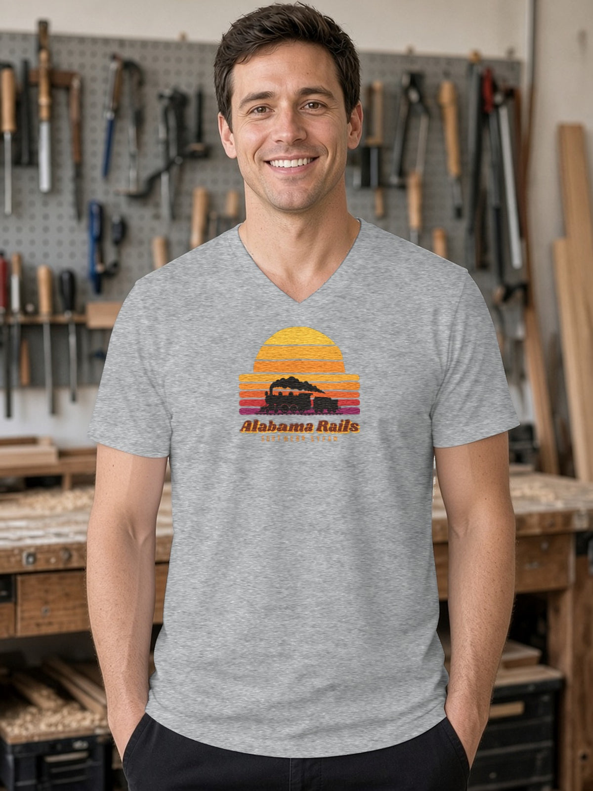 Southern Steam Sunset Alabama Rails V-Neck Tee (Poly Blend) - Heather Grey
