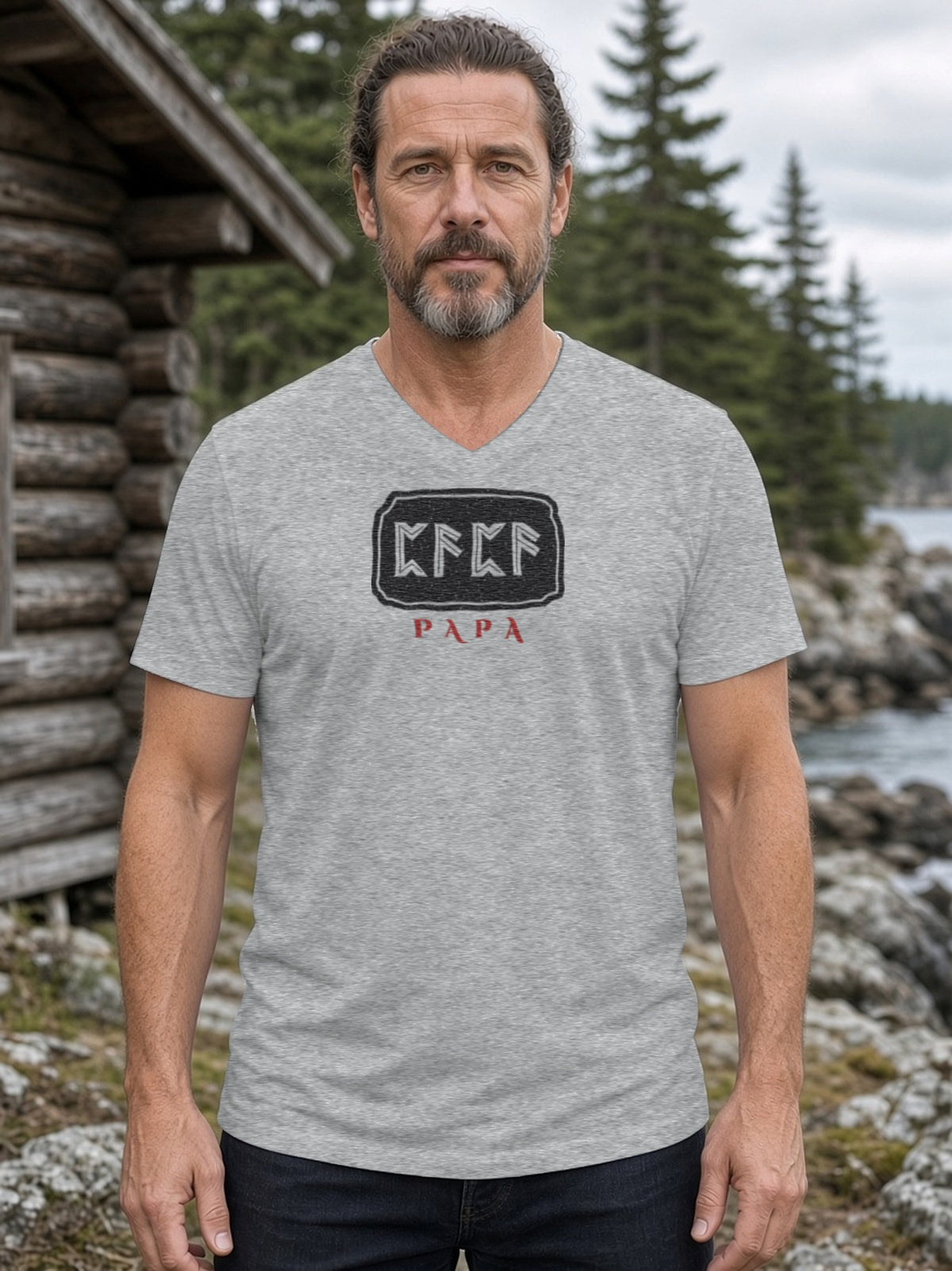 PAPA in Runes Carved Stone V-Neck Tee (Poly Blend) - Heather Grey