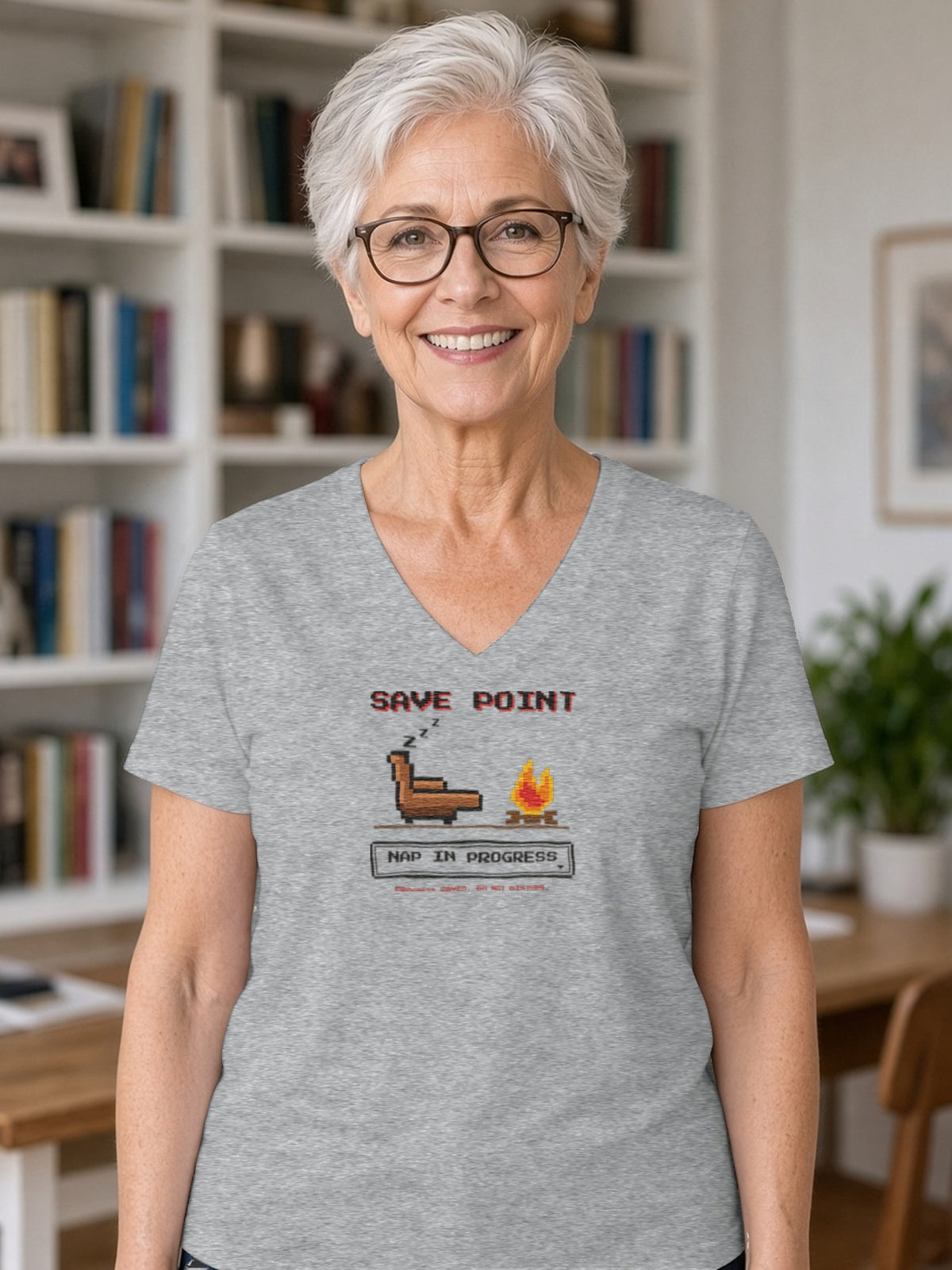Save Point Nap in Progress V-Neck Tee (Poly Blend) - Heather Grey