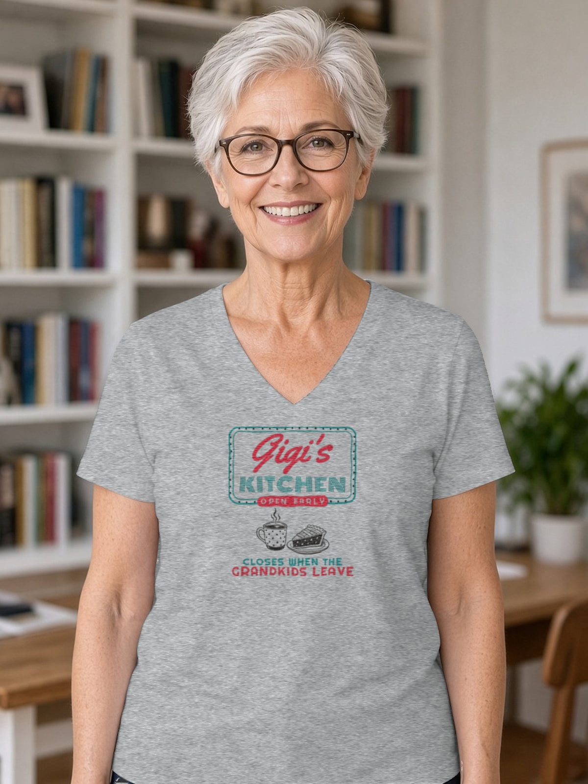 Gigi's Kitchen Retro Diner Sign V-Neck Tee (Poly Blend) - Heather Grey