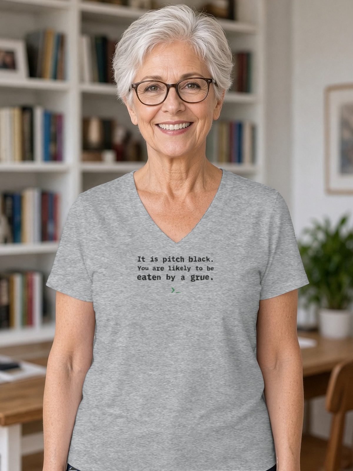 Eaten by a Grue V-Neck Tee (Poly Blend) - Heather Grey