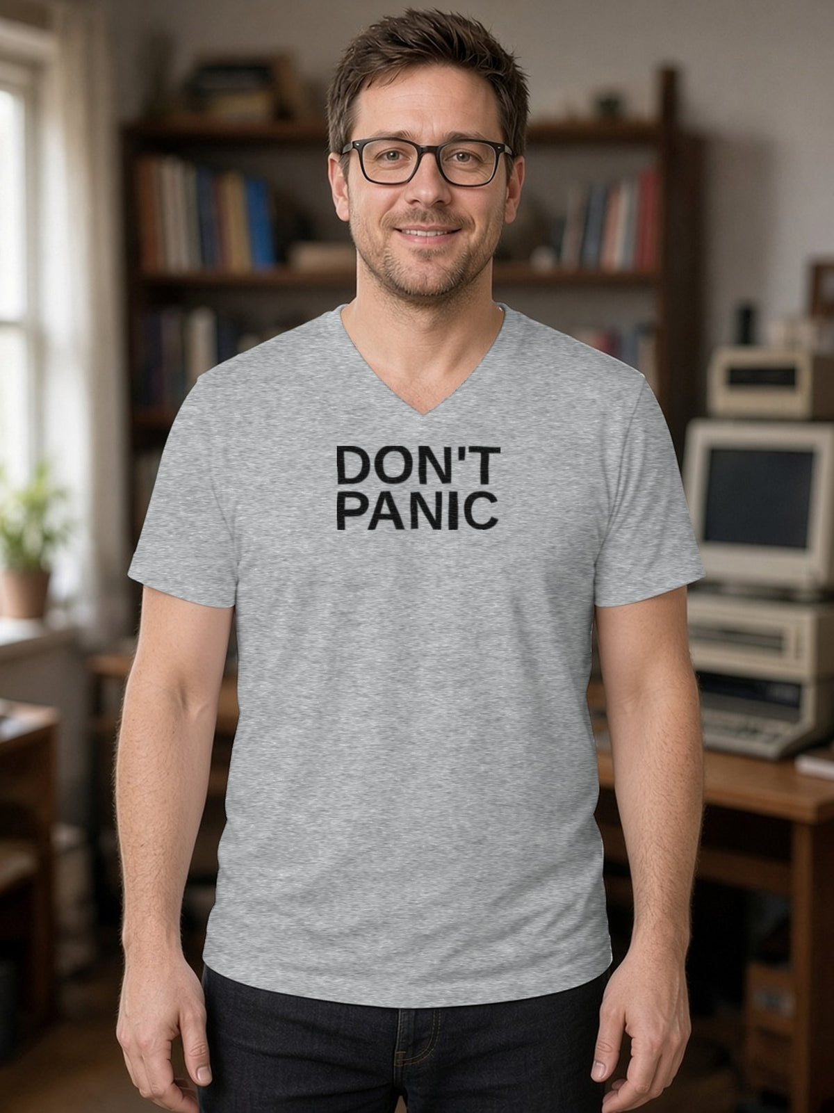 DON'T PANIC Big Text V-Neck Tee (Poly Blend) - Heather Grey