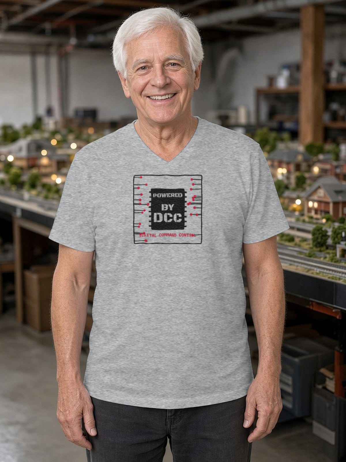 Powered By DCC V-Neck Tee (Poly Blend) - Heather Grey