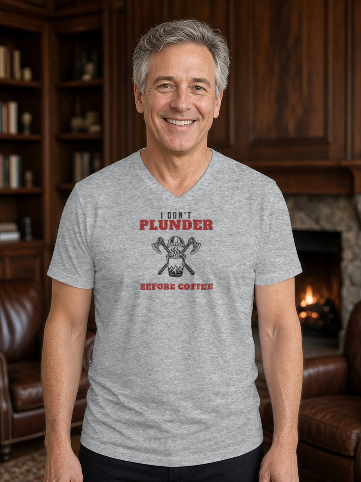I Don't Plunder Before Coffee Viking V-Neck Tee (Poly Blend) - Heather Grey