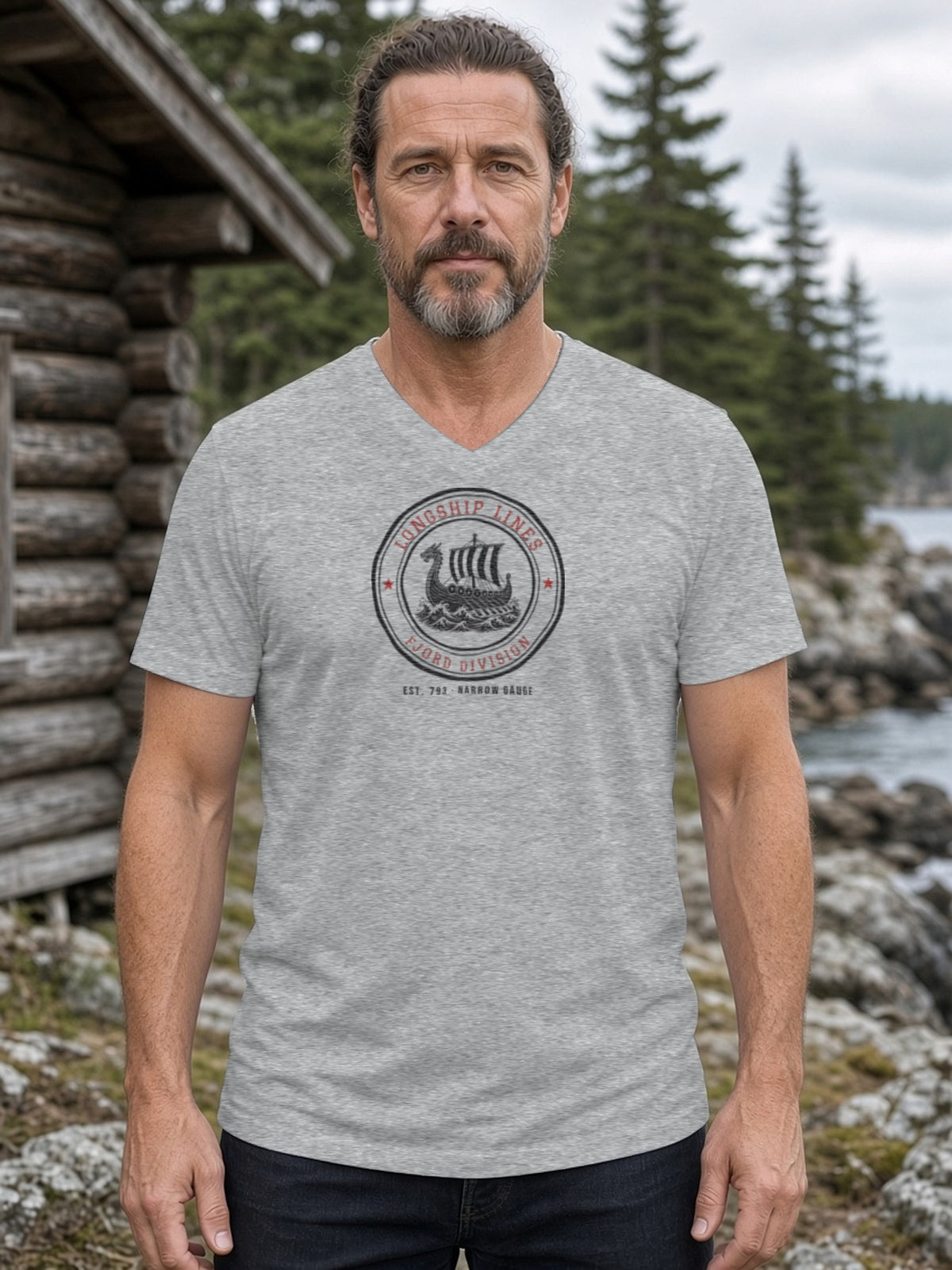 Longship Lines Railroad Herald V-Neck Tee (Poly Blend) - Heather Grey