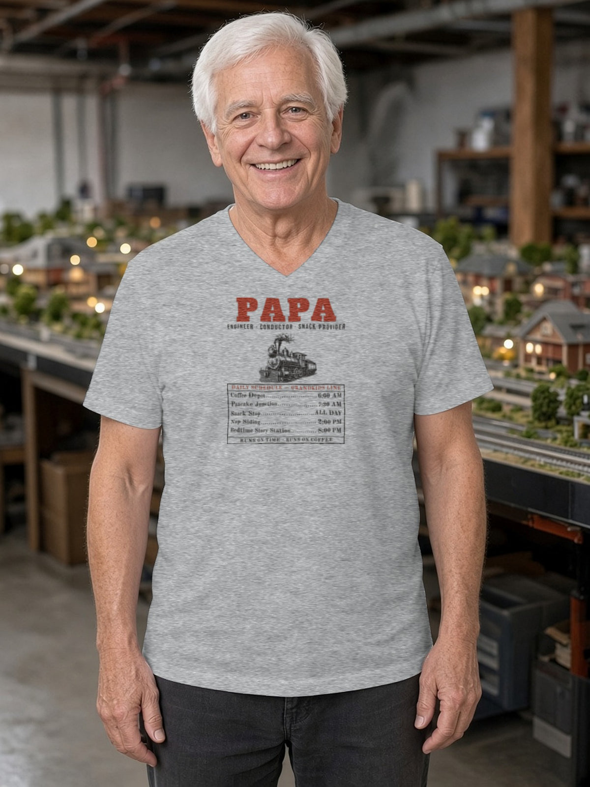 Papa: Engineer, Conductor, Snack Provider V-Neck Tee (Poly Blend) - Heather Grey
