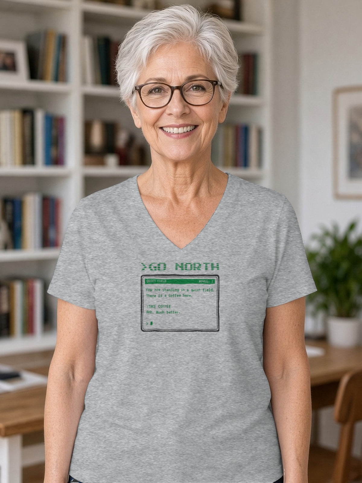 >GO NORTH Retro Text Adventure V-Neck Tee (Poly Blend) - Heather Grey