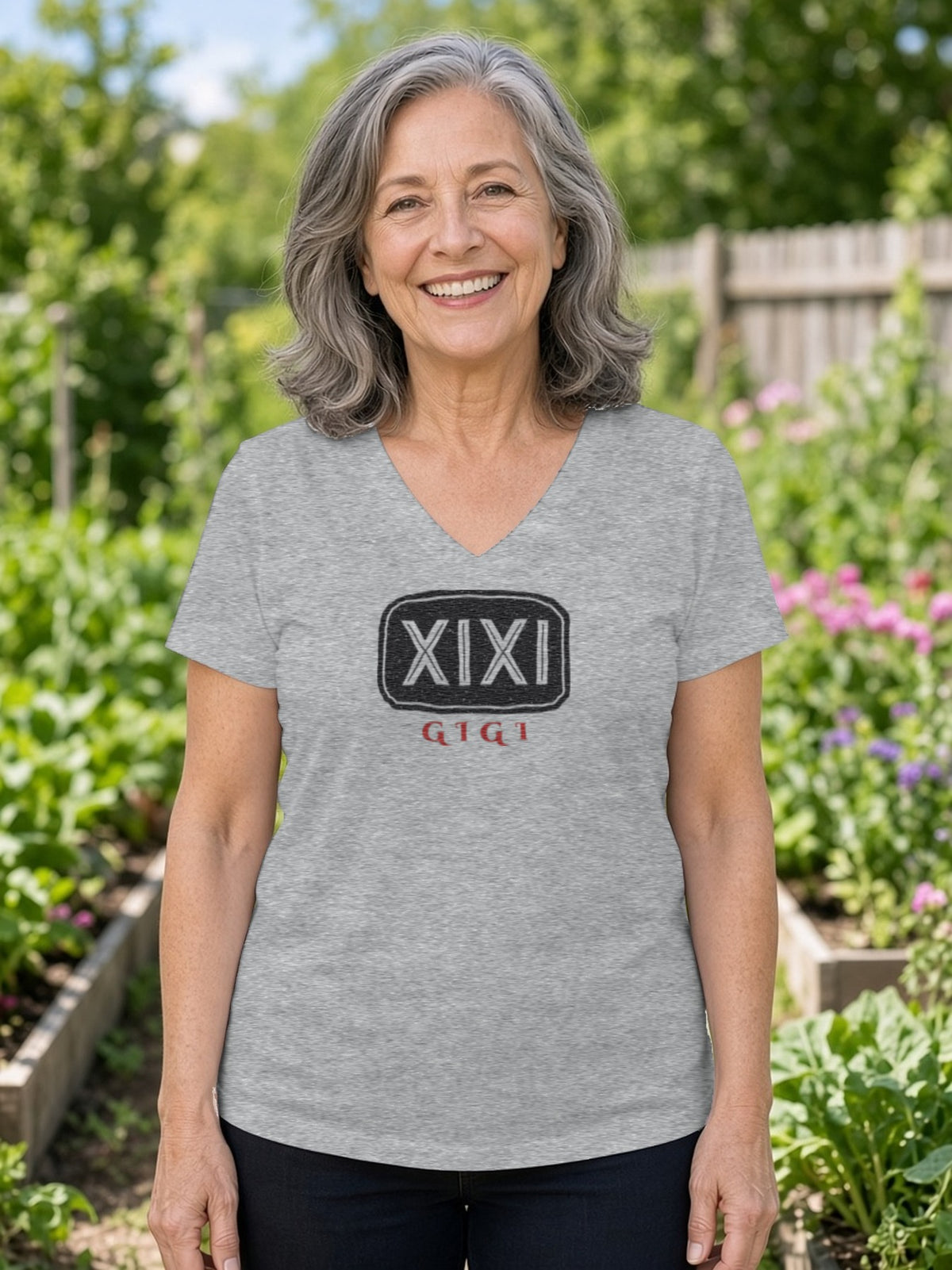 GIGI in Runes Carved Stone V-Neck Tee (Poly Blend) - Heather Grey