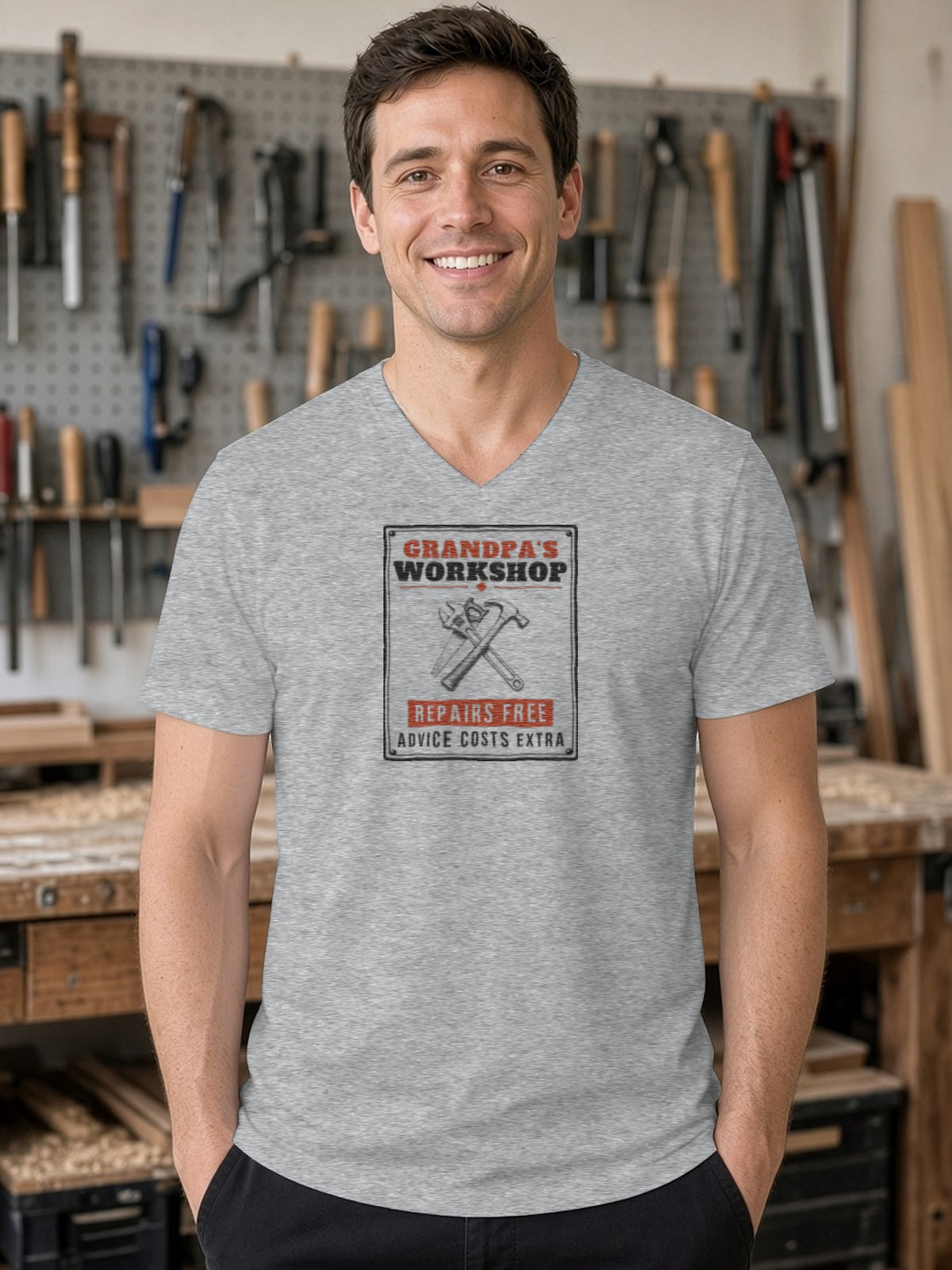 Grandpa's Workshop Tin Sign V-Neck Tee (Poly Blend) - Heather Grey
