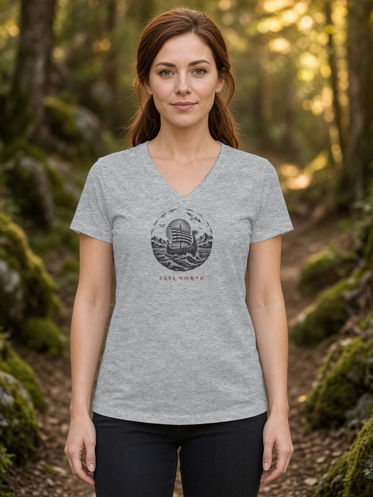 Sail North Longship Woodcut V-Neck Tee (Poly Blend) - Heather Grey