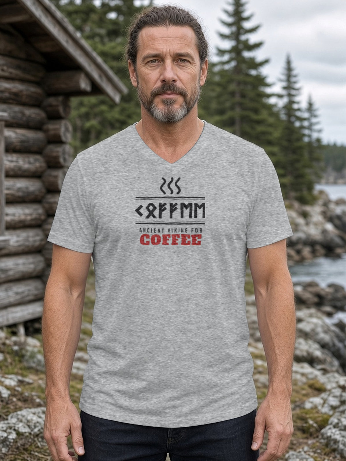 Ancient Viking for Coffee Rune V-Neck Tee (Poly Blend) - Heather Grey