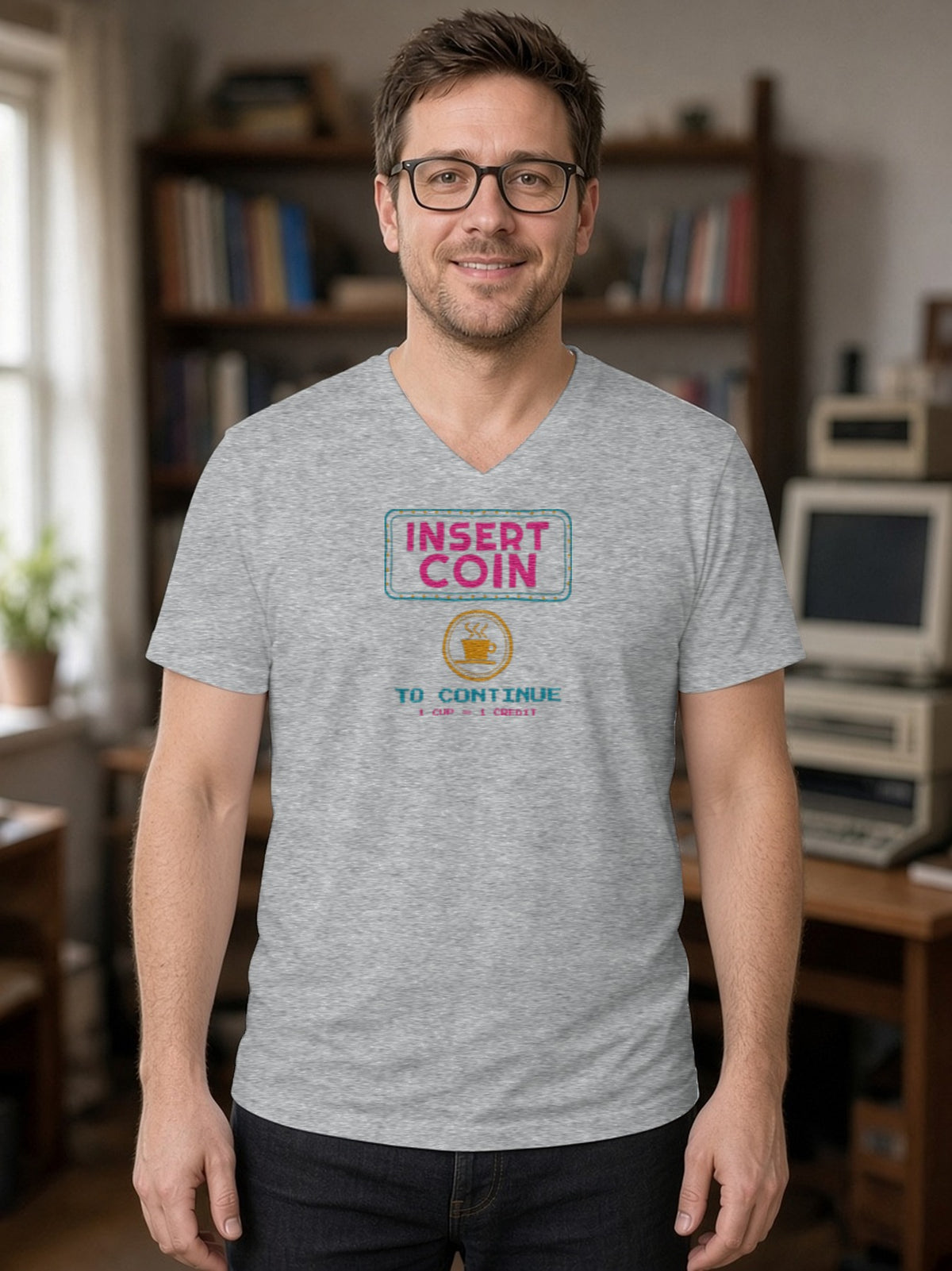 Insert Coin to Continue Coffee V-Neck Tee (Poly Blend) - Heather Grey