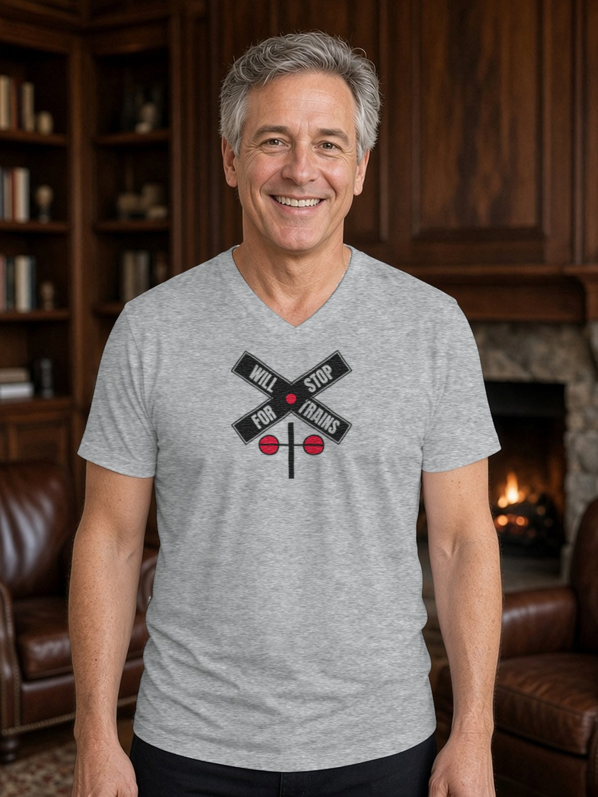 Will Stop For Trains V-Neck Tee (Poly Blend) - Heather Grey