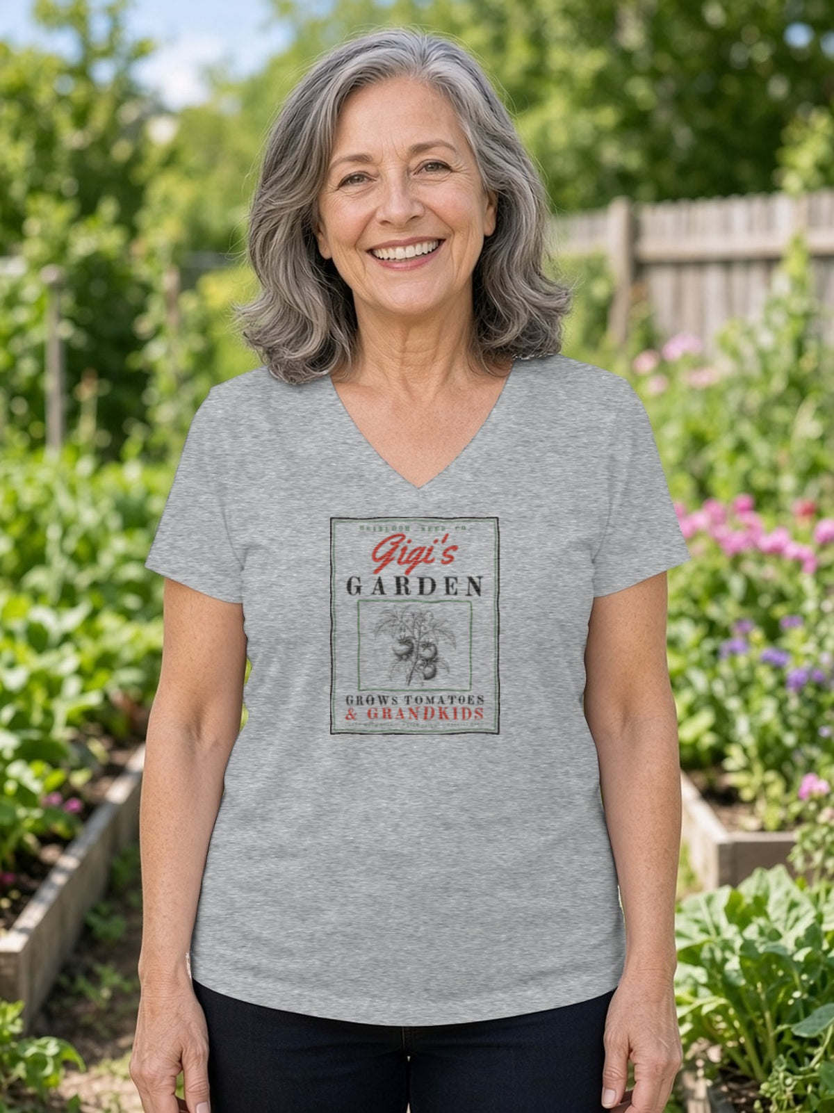 Gigi's Garden Seed Packet V-Neck Tee (Poly Blend) - Heather Grey