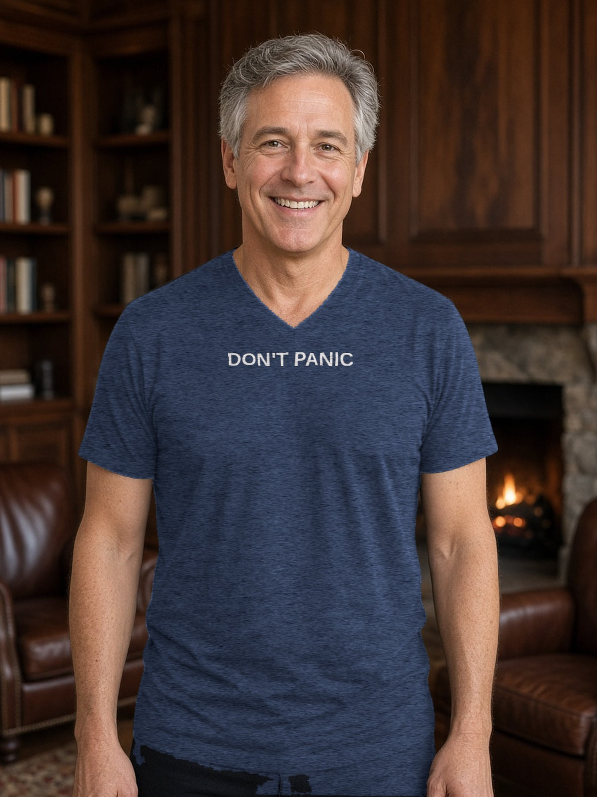 DON'T PANIC V-Neck Tee (Poly Blend) - Heather Navy
