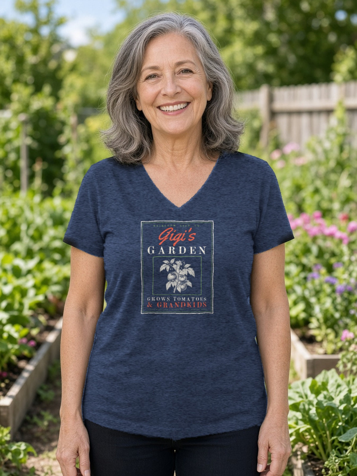 Gigi's Garden Seed Packet V-Neck Tee (Poly Blend) - Heather Navy