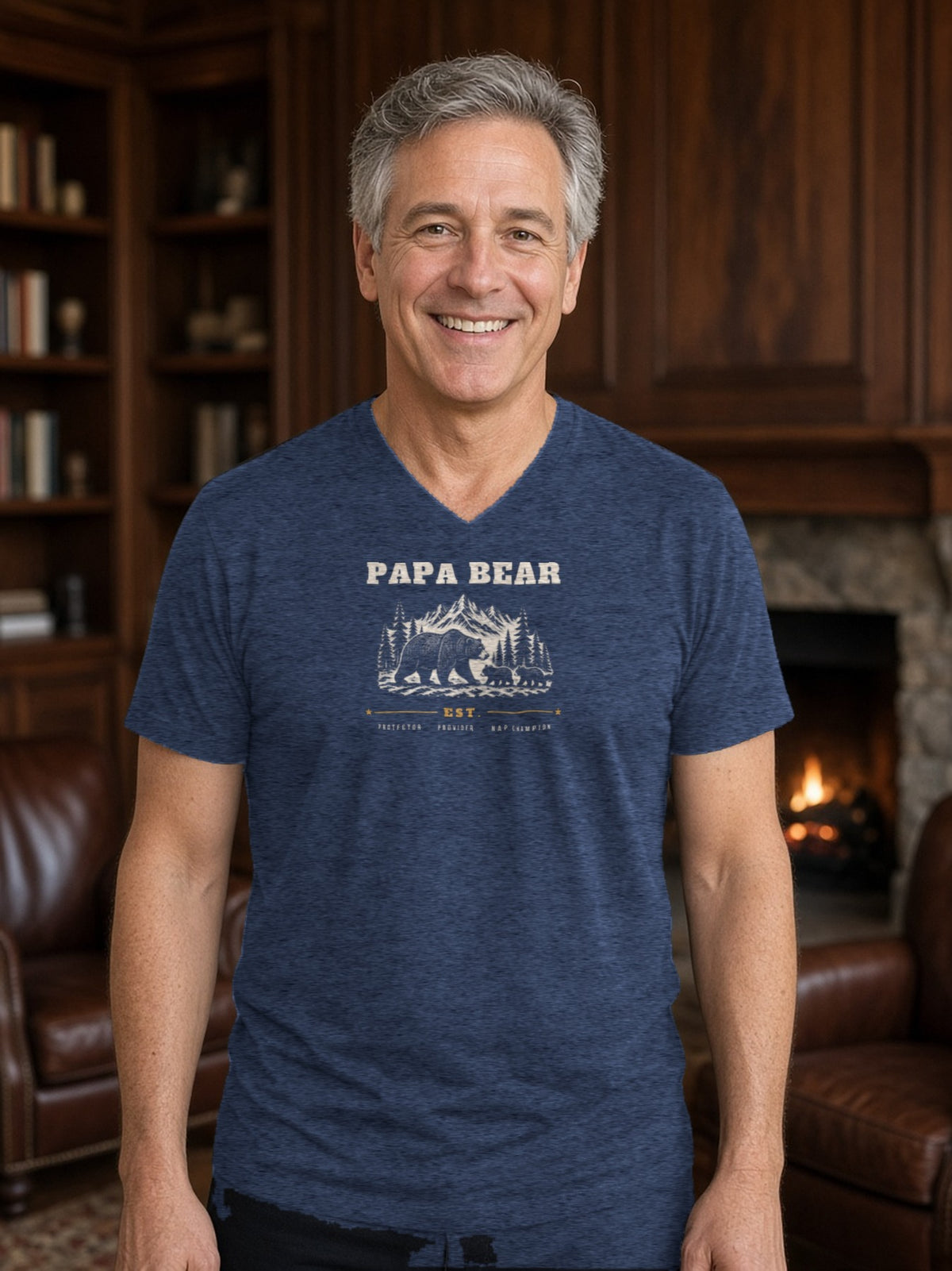 Papa Bear Woodcut V-Neck Tee (Poly Blend) - Heather Navy