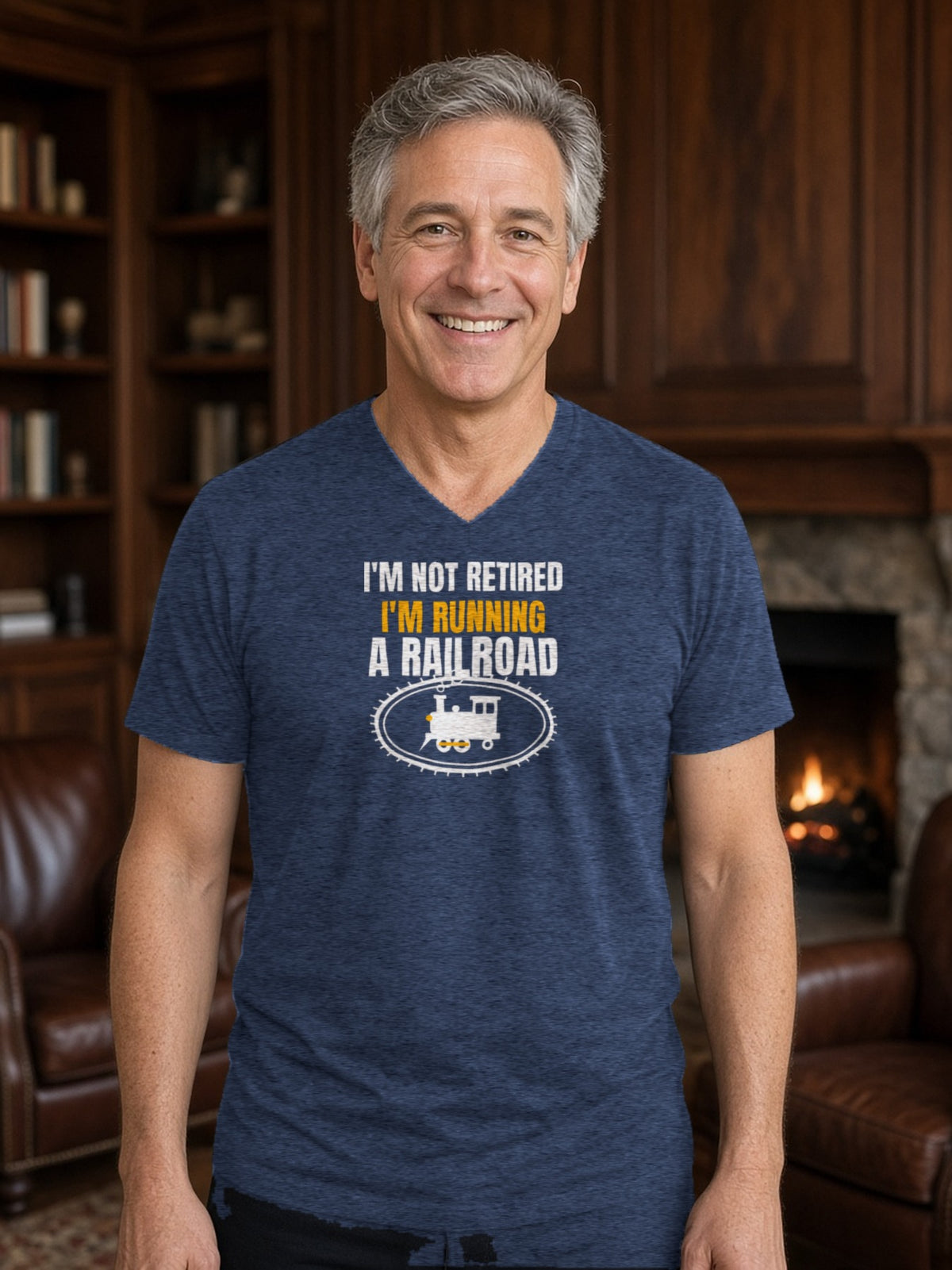 Not Retired, Just Model Railroading Full Time V-Neck Tee (Poly Blend) - Heather Navy