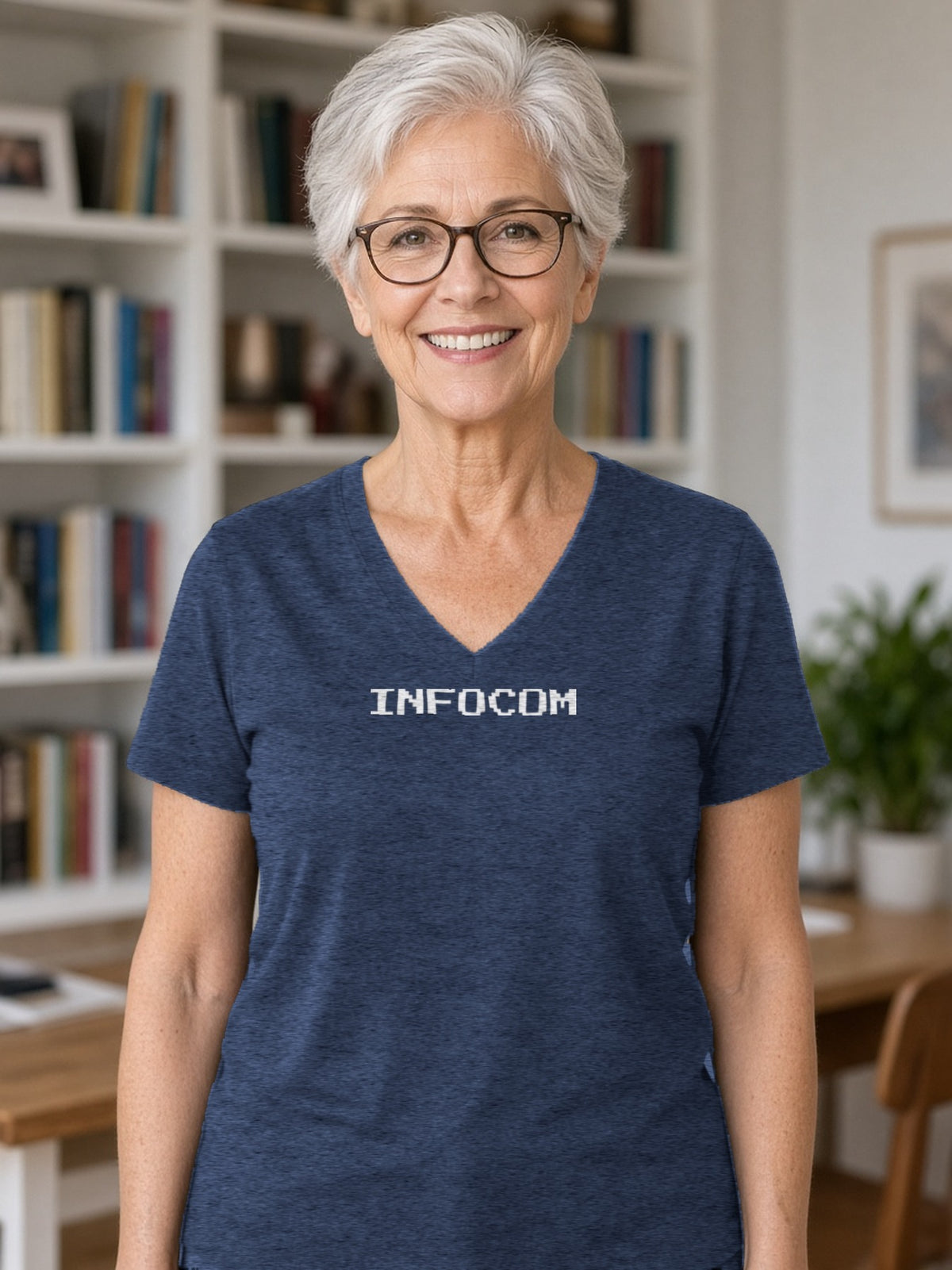 Infocom Retro Logo V-Neck Tee (Poly Blend) - Heather Navy