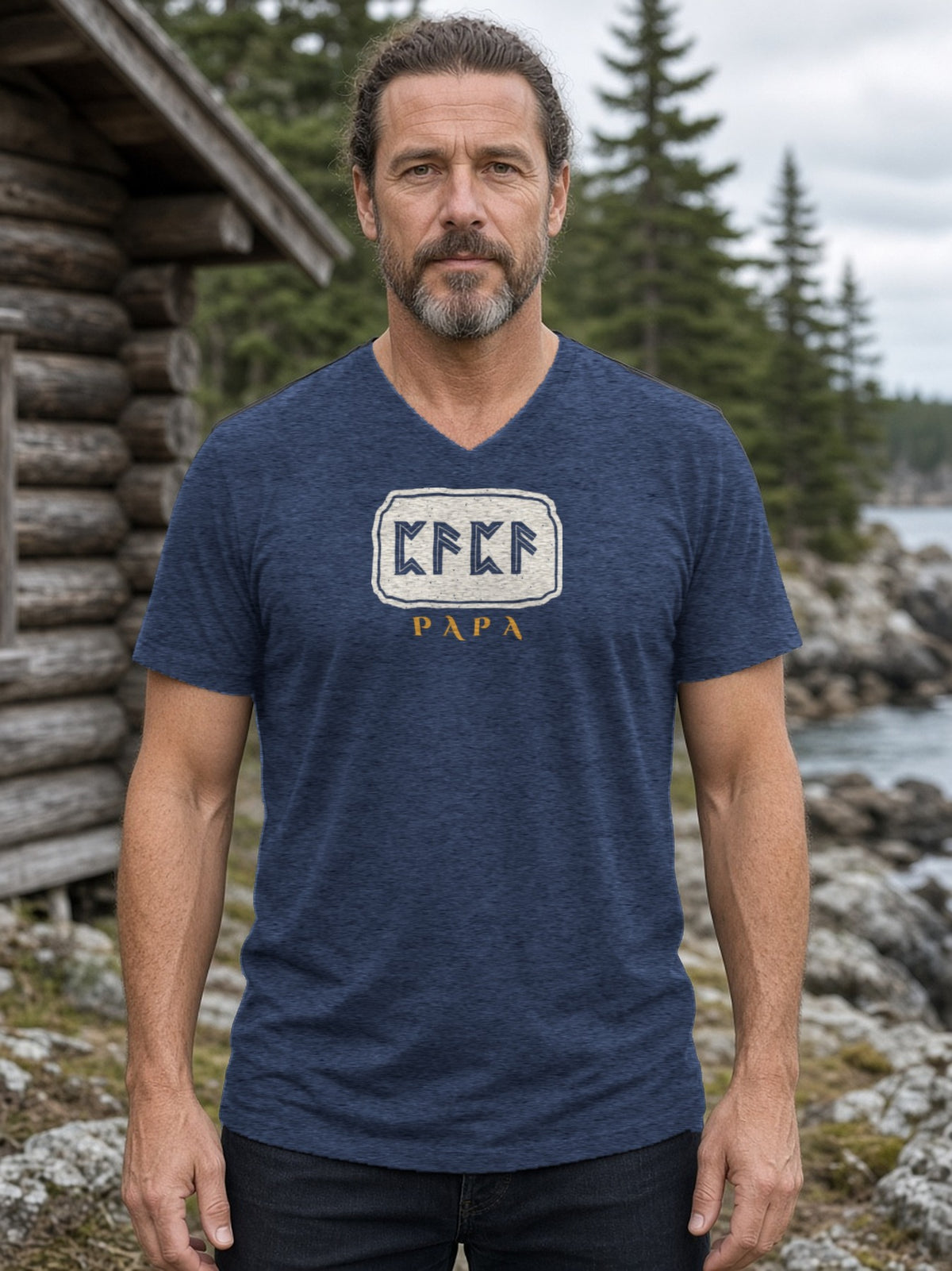 PAPA in Runes Carved Stone V-Neck Tee (Poly Blend) - Heather Navy