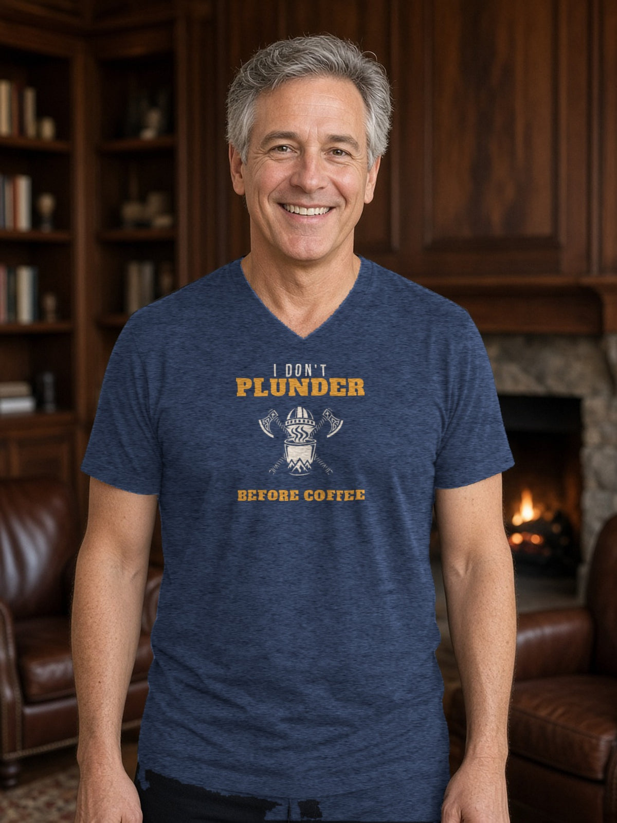 I Don't Plunder Before Coffee Viking V-Neck Tee (Poly Blend) - Heather Navy