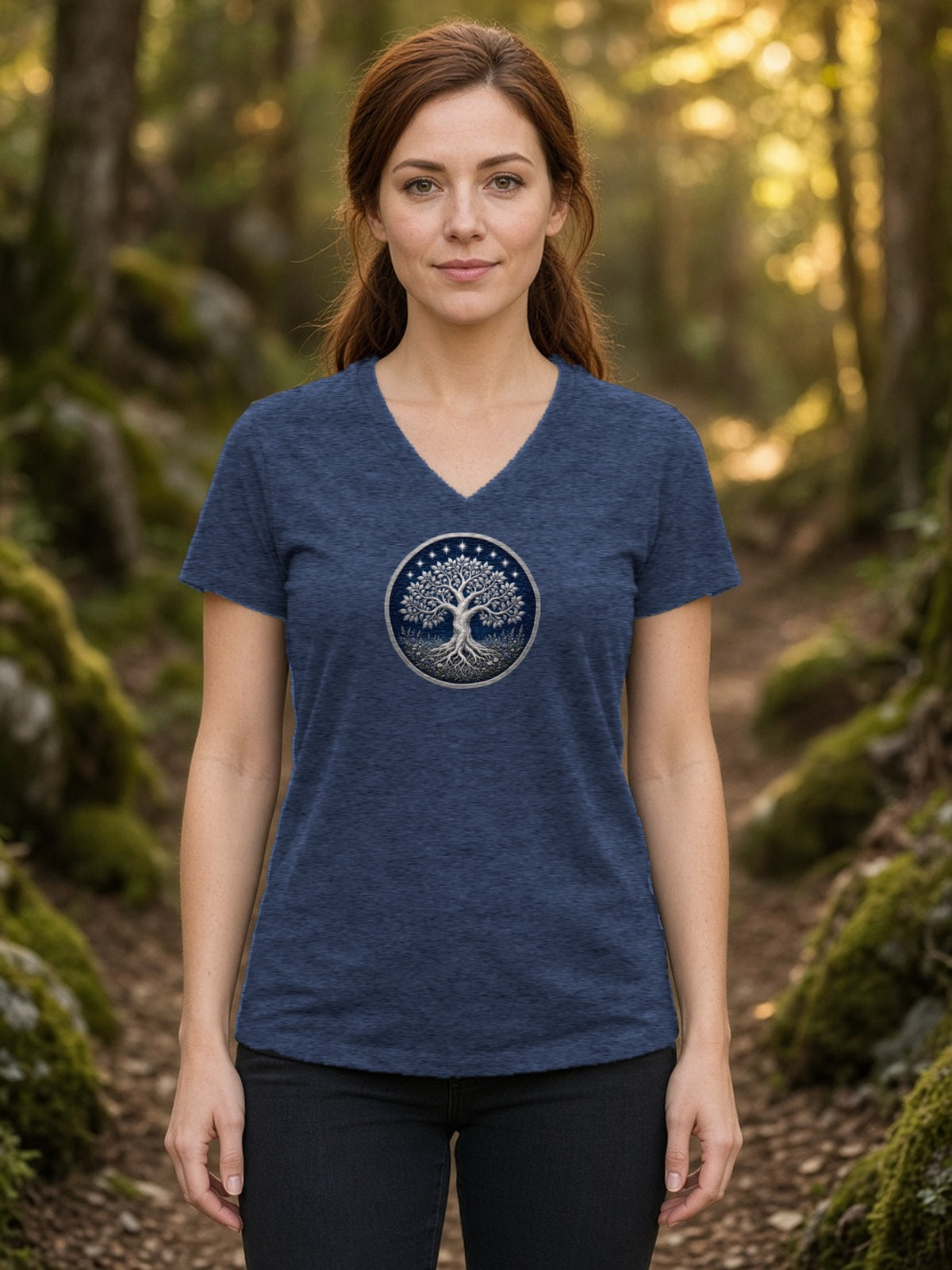 Silver Tree of Seven Stars V-Neck Tee (Poly Blend) - Heather Navy