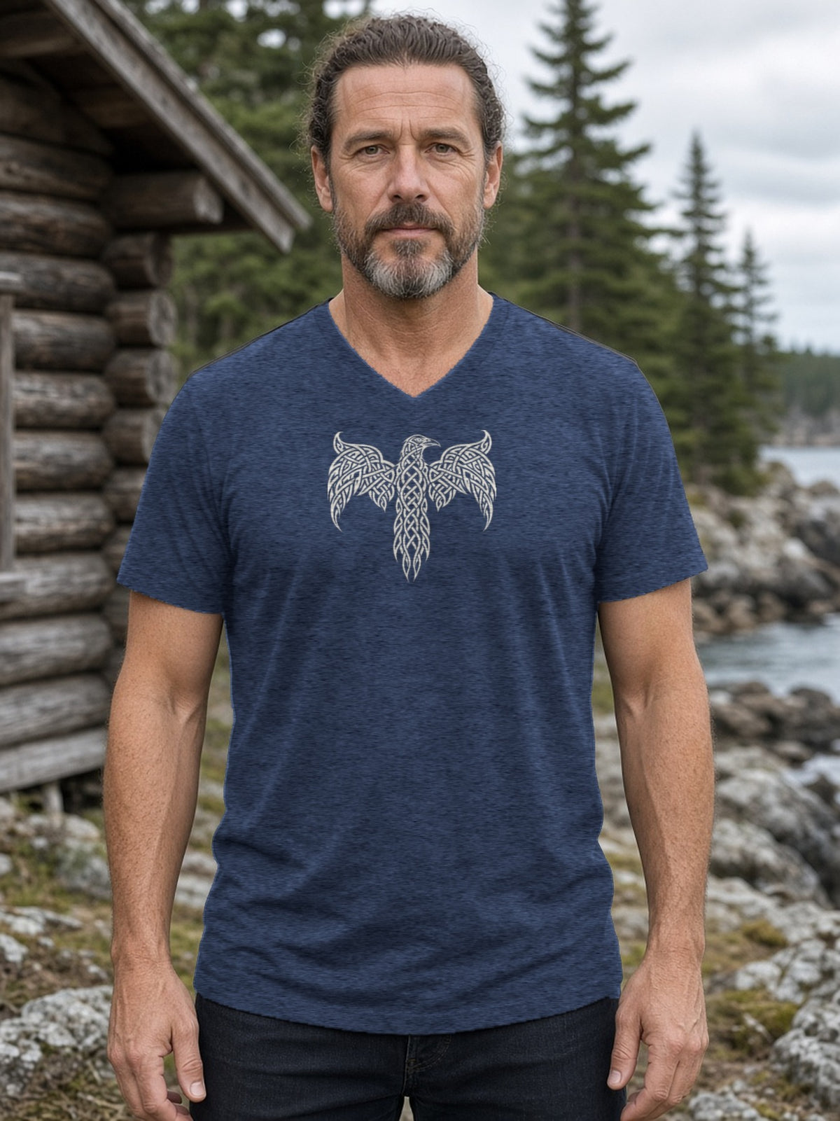 Knotwork Raven Norse Art V-Neck Tee (Poly Blend) - Heather Navy