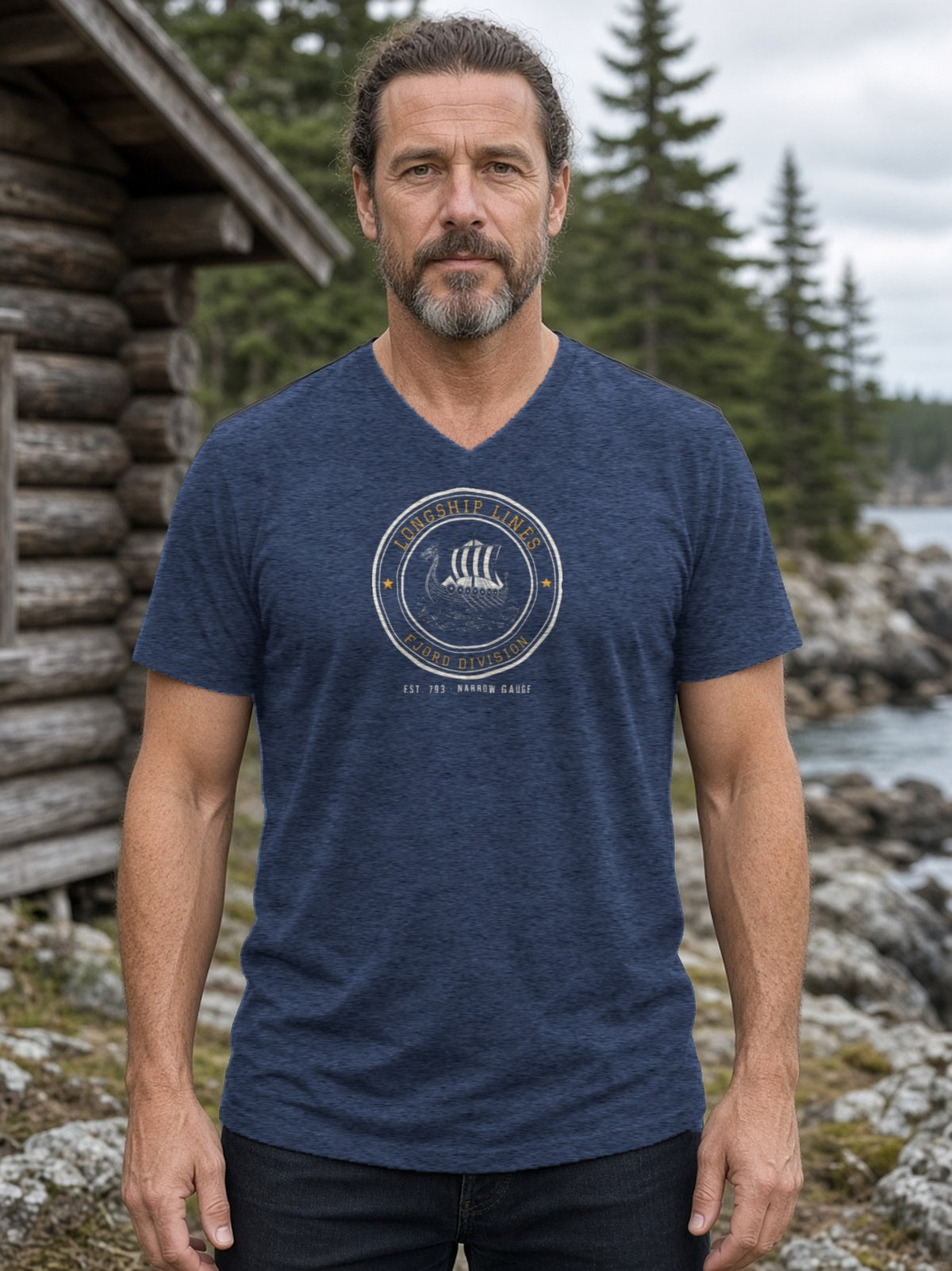Longship Lines Railroad Herald V-Neck Tee (Poly Blend) - Heather Navy