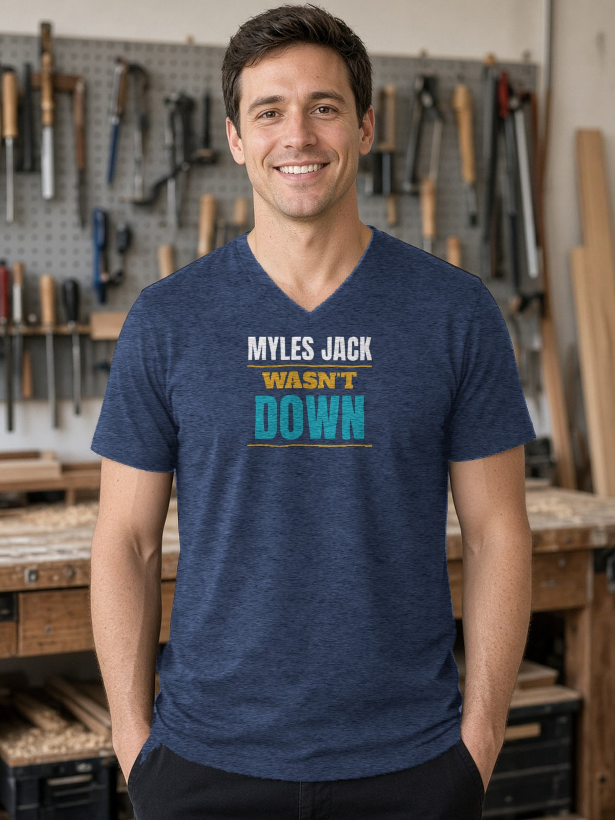 MYLES JACK WASN'T DOWN V-Neck Tee (Poly Blend) - Heather Navy