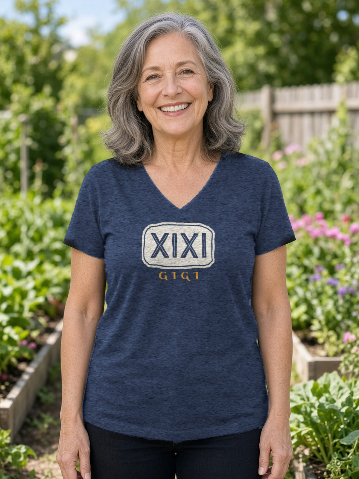 GIGI in Runes Carved Stone V-Neck Tee (Poly Blend) - Heather Navy
