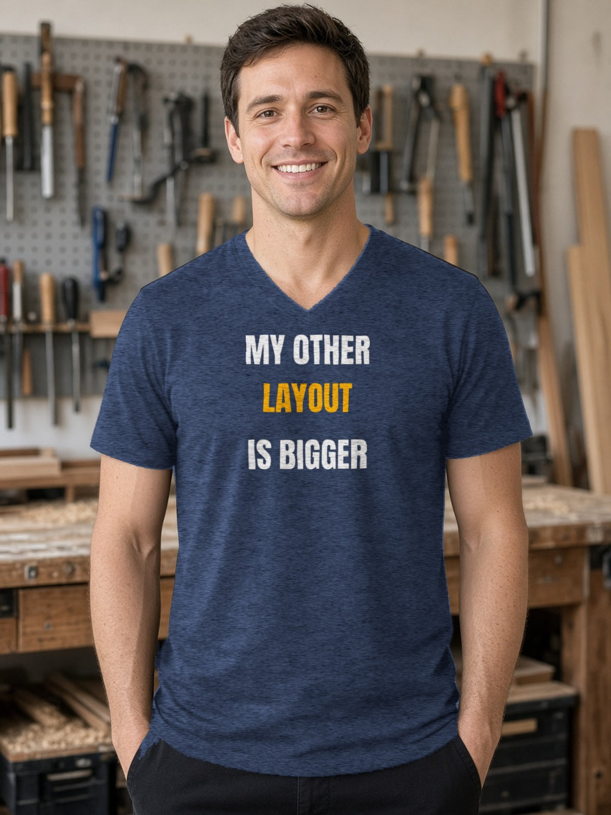My Other Layout Is Bigger V-Neck Tee (Poly Blend) - Heather Navy