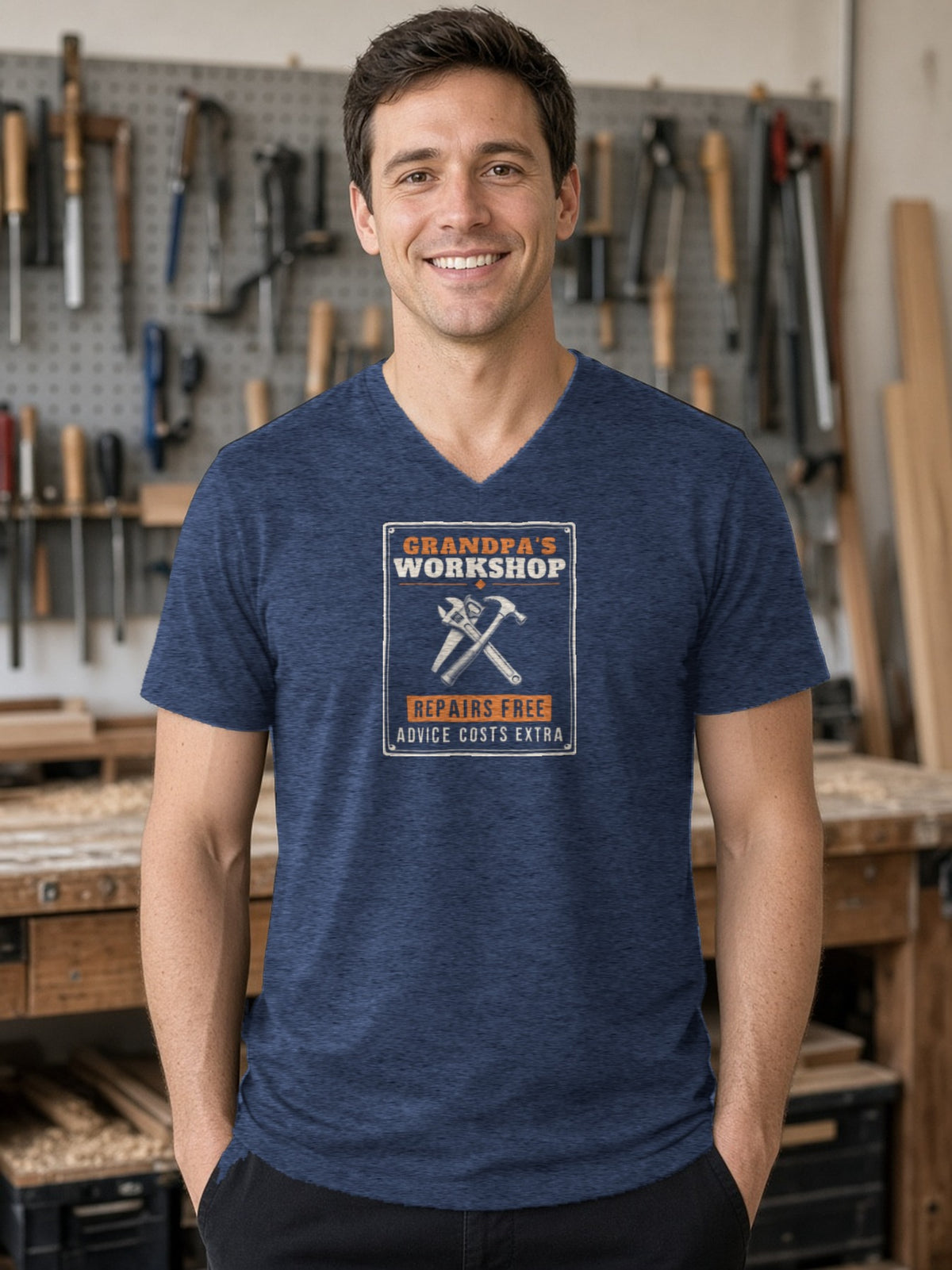 Grandpa's Workshop Tin Sign V-Neck Tee (Poly Blend) - Heather Navy