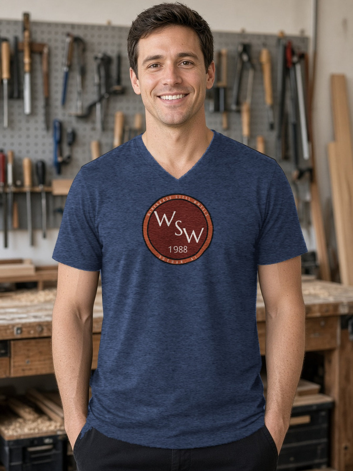 Wiregrass Steel Wheels V-Neck Tee (Poly Blend) - Heather Navy