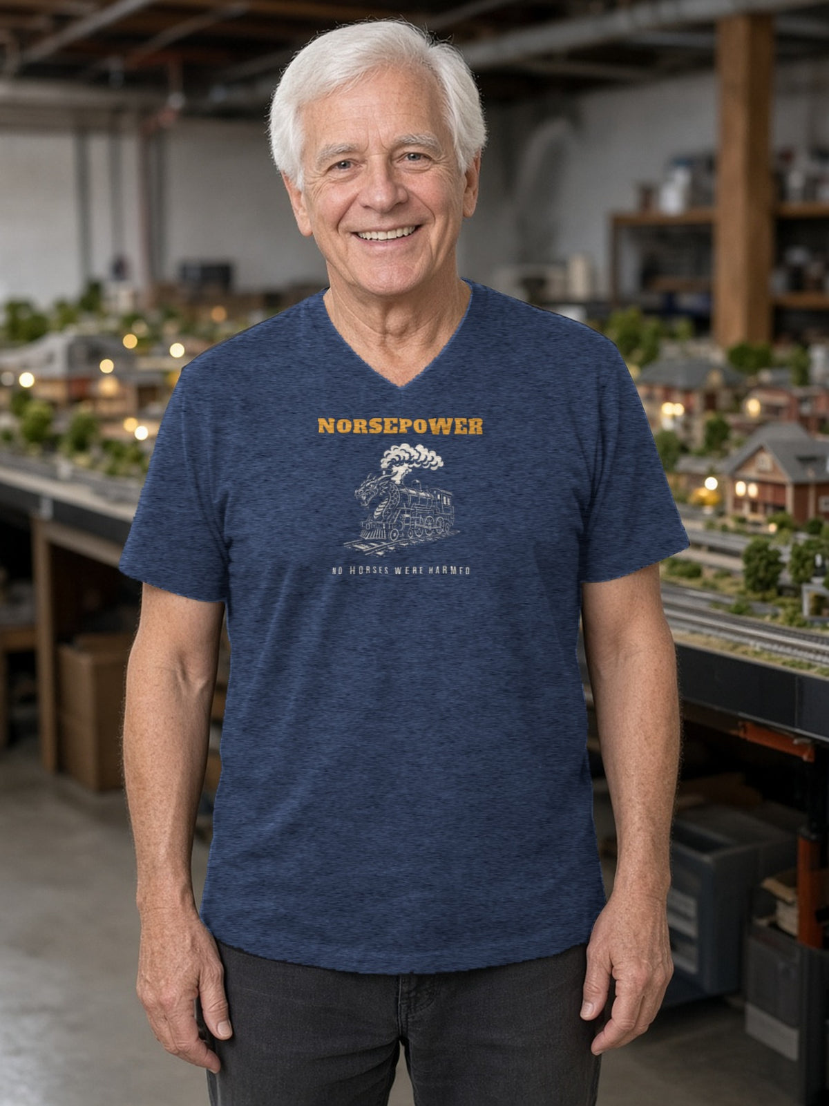 NORSEPOWER Dragon Steam Locomotive V-Neck Tee (Poly Blend) - Heather Navy