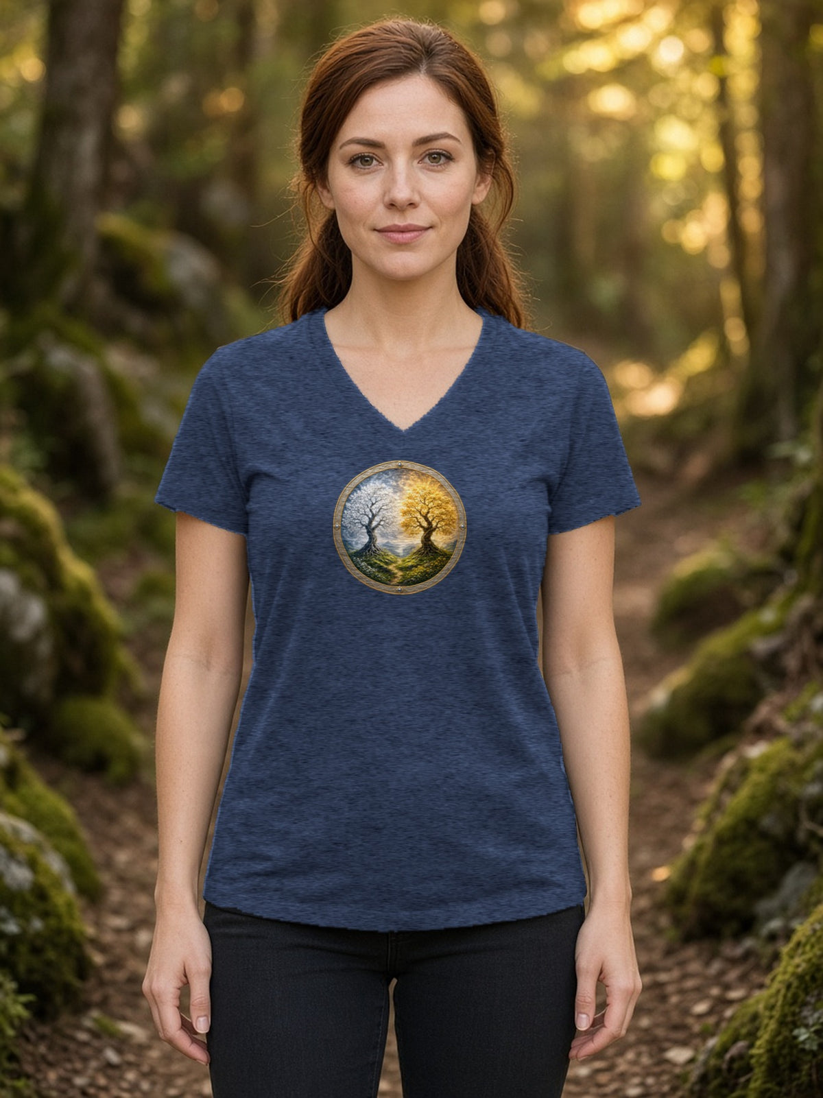Twin Trees of Dawn and Dusk V-Neck Tee (Poly Blend) - Heather Navy