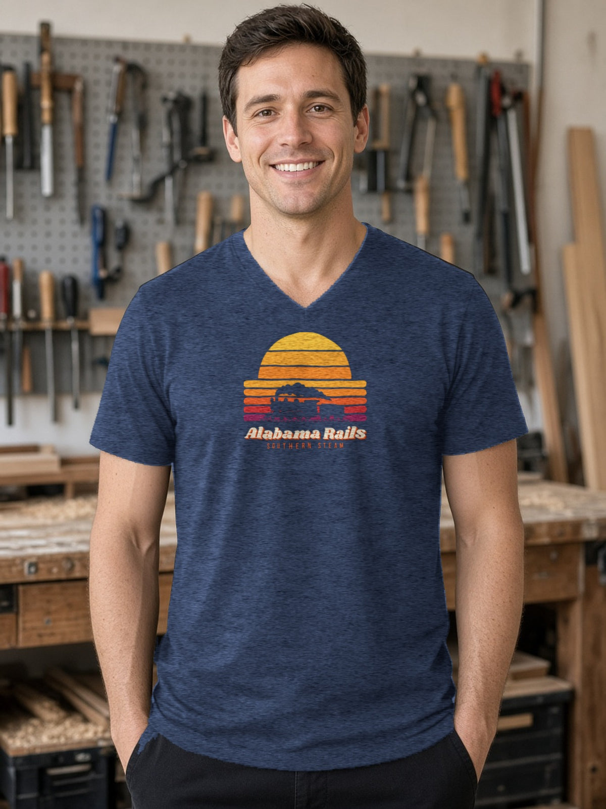 Southern Steam Sunset Alabama Rails V-Neck Tee (Poly Blend) - Heather Navy