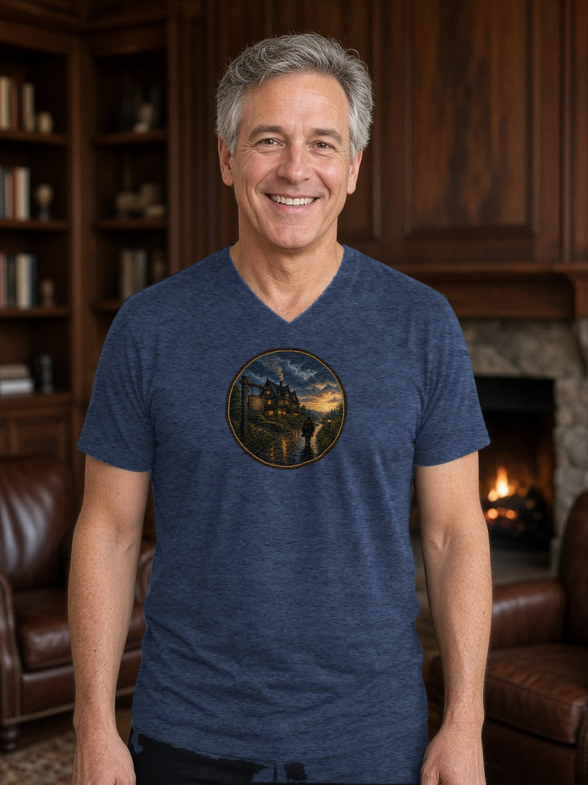 The Wayside Inn V-Neck Tee (Poly Blend) - Heather Navy