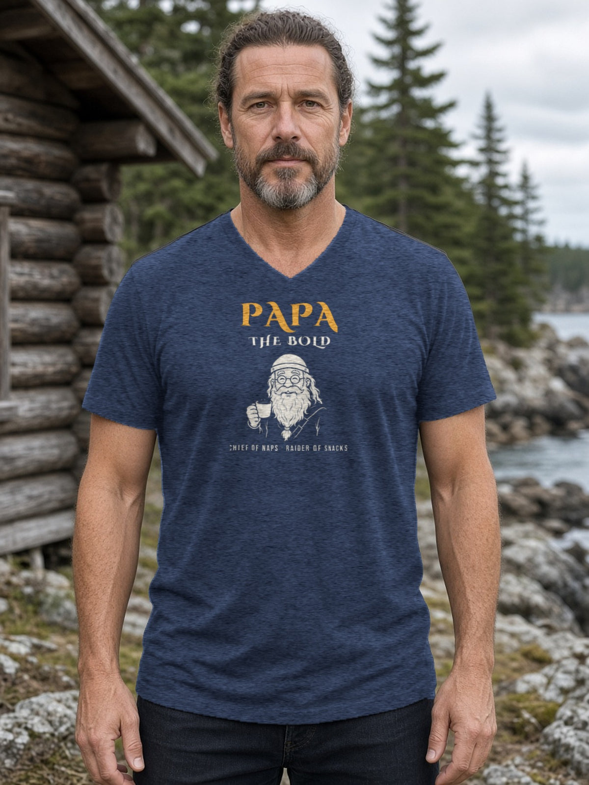 Papa the Bold Viking Grandpa V-Neck Tee (Poly Blend) - Heather Navy