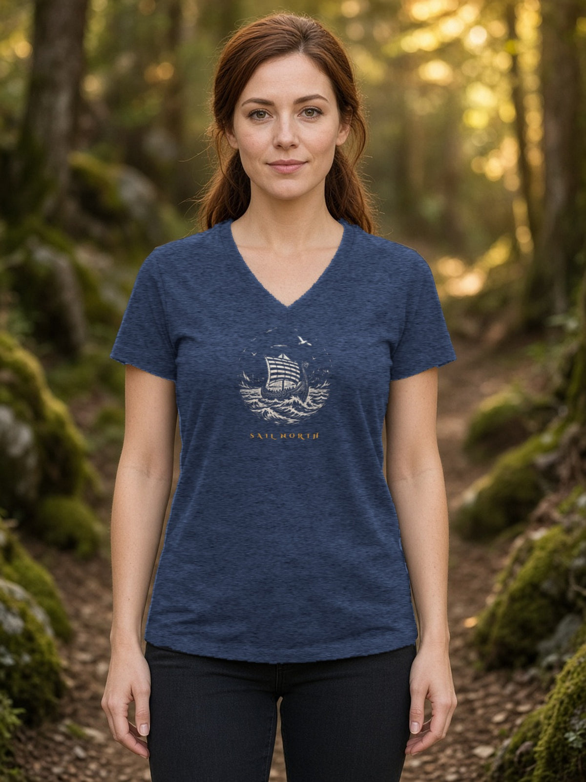 Sail North Longship Woodcut V-Neck Tee (Poly Blend) - Heather Navy