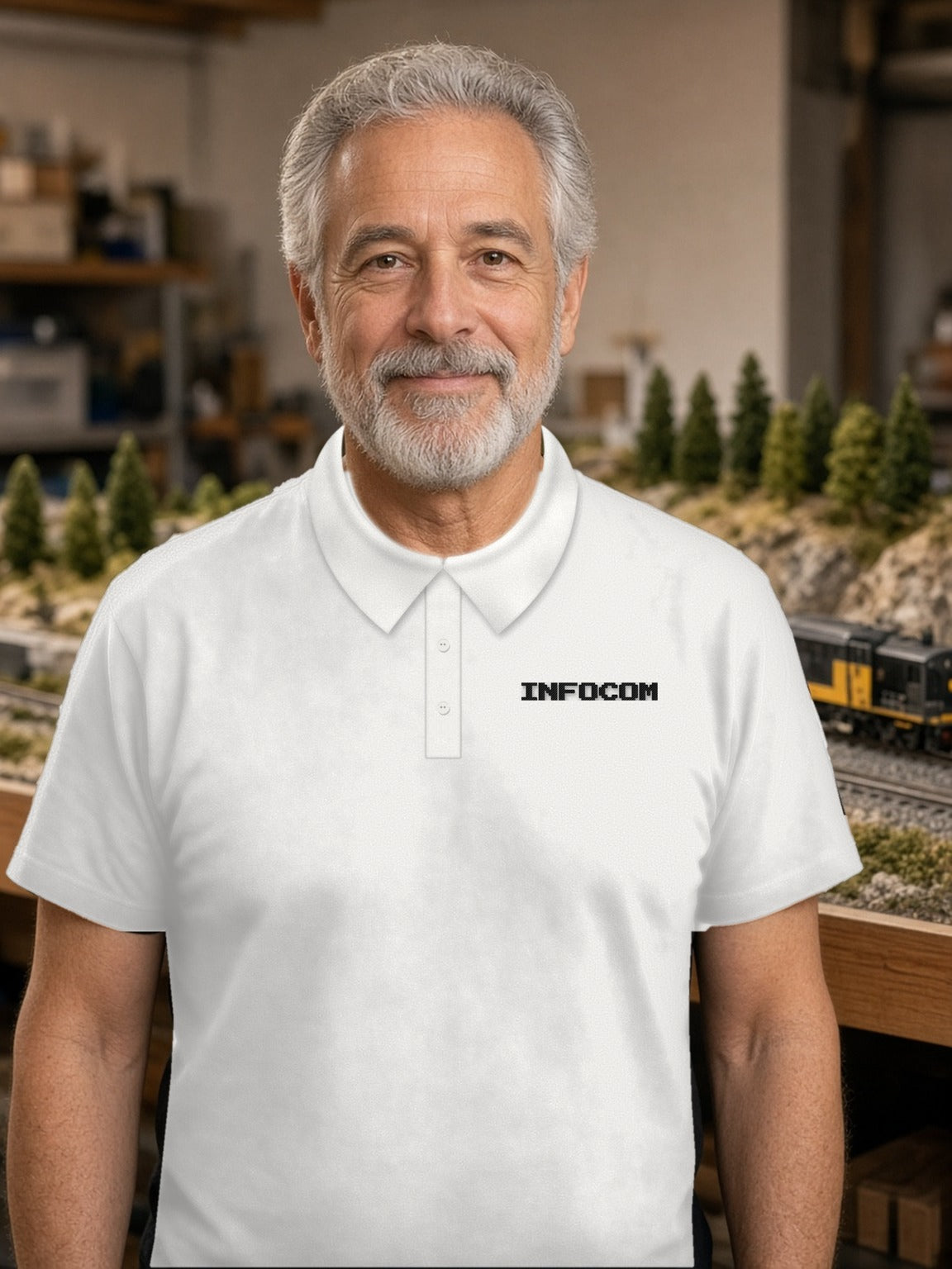 Infocom Retro Logo Cotton Polo – Light – White (embroidered in black thread)