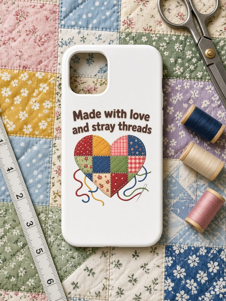 Made With Love and Stray Threads Phone Case, Patchwork Heart Quilting Phone Case, Quilter Gift