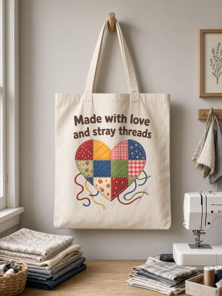 Made With Love and Stray Threads Tote Bag, Patchwork Heart Quilting Tote, Craft Tote Bag Gift for Quilters and Sewists