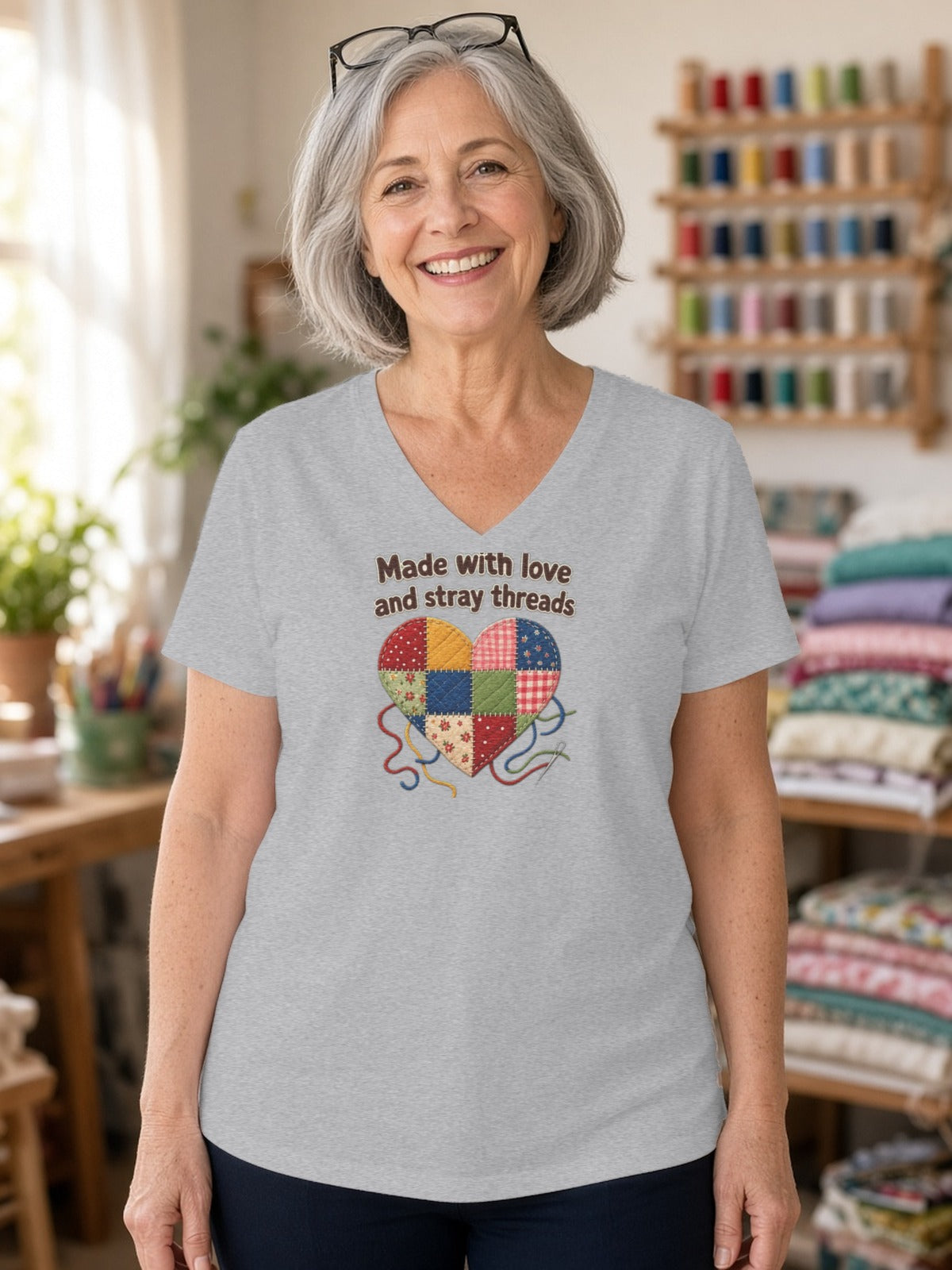 Made With Love and Stray Threads V-Neck Shirt, Patchwork Heart Quilter Tee, Sewing Gift for Mom, Grandma Quilter V-Neck - Athletic Heather