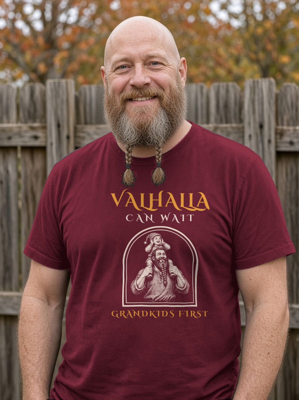 Valhalla Can Wait, Grandkids First Viking Tee - Maroon