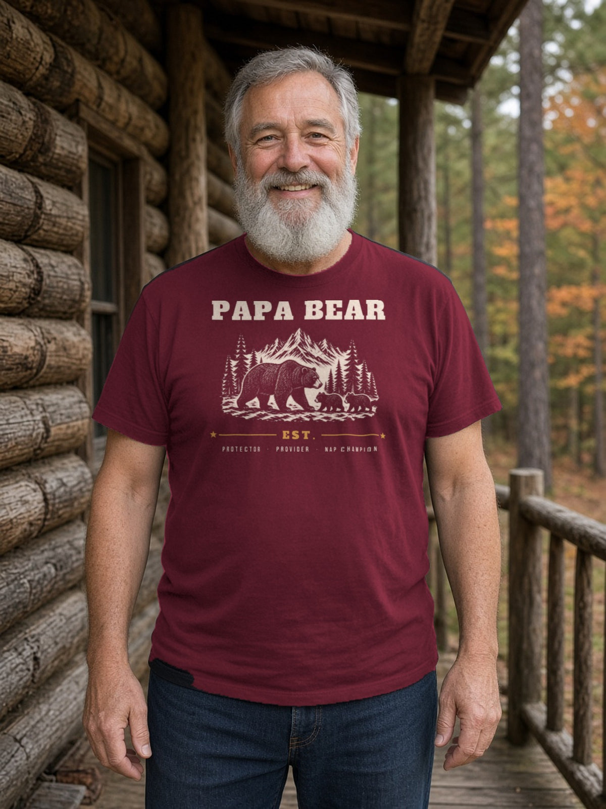 Papa Bear Woodcut Tee - Maroon